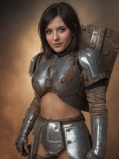 Grit, Rust, Stains, grunge style, a petite busty Smiling woman wearing rusty spaceship mech armor, Cleavage, textured, distressed, vintage, edgy, punk rock vibe, dirty, noisy, in iconic Napoleon Bonaparte Pose, Female mandalorian, super Closeup Portrait, Fighting stance Pose, glowing fists Up, Bedouin Showgirl, shiny armor, very detailed, hd, DARK silver used spaceship Background, foggy, smoke, dimmed backlight, PEHighContrast