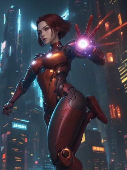 full body of Girl android 20 y.o [, <hypernet:pureerosface_v1:1> ] with the gradient red hair glowing floating, short hair, anger facial expression, [relfect dress, technology dress, iron man dress, see-through body,
iron-man neck glowing, glow shine body, iron blackcat suit], (high detailed skin:1.5), [shine detail eyes, detailed face, look at viewer, smile, amazing detail, 8k resolution, RTX, best art, sexy,[ background in top-down of buiding, vaporwave
vibe art style, city night, night, glowing led sign, sci-fi, futuristic ], [ ariel view futuristic background], looking viewer, Dark, cyberpunk 2077 style, tron movie, 1girl, perfect finger, medium breast, action movie pose, CGI Background, Galaxy glowing,
portal dimension, iron short, correct eyes, sci-fi ring bracelet on the right hand, multiverse, ready player one, alita, background realistic, futuristic, Array with Dynamic Particles, 3d Futuristic technology style, perfect hand, running pose, action jumping pose,