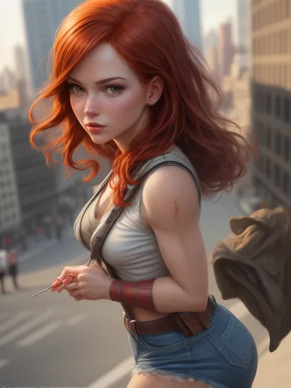 mary jane from spider man,redhead, athletic body,new york city background, realistic cartoon style, realistic skin pores, cute girl,full shot body, most beautiful artwork in the world, professional majestic oil painting, trending on ArtStation, trending on CGSociety, Intricate, High Detail, Sharp focus, sharp image,hd, realistic reflects,dramatic, photorealistic painting art, catoonized, pinterest,