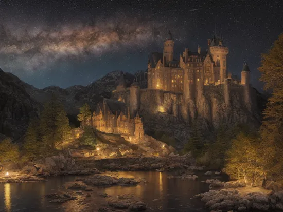 (photorealistic:1.6), A beautiful castle on an island in a calm mountain lake at night, stars light the (dark sky:1.5) slightly, winter, partially frozen lake, fire light only, intricate, detailed, 4k, volumetric lighting, beautiful, rich deep colors, sharp focus, ultra detailed, in the style of dan mumford and marc simonetti, astrophotography, (masterpiece,best quality:1.5)
