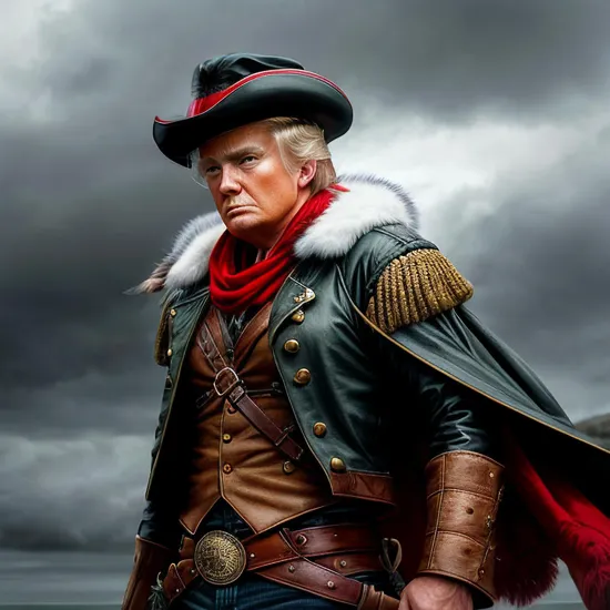 Swashbuckler's poise, (rugged hat), ((dashing male Donald Trump)), fur-lined coat, piercing gaze, stormy backdrop, (unyielding swordsman), rain-soaked feathers, (spirit of adventure).