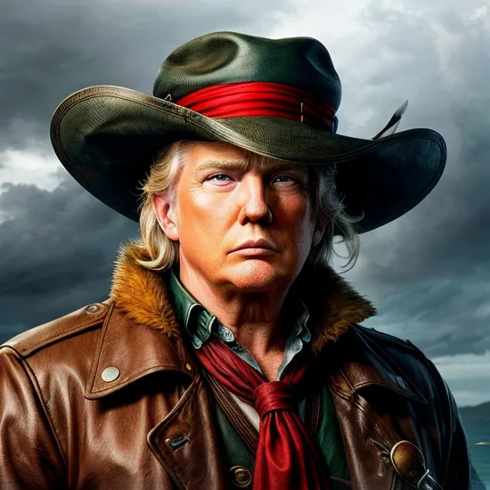 Swashbuckler's poise, (rugged hat), ((dashing male Donald Trump)), fur-lined coat, piercing gaze, stormy backdrop, (unyielding swordsman), rain-soaked feathers, (spirit of adventure).