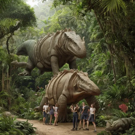 In the style of indiana jones a group of people with a over joyed facial expression looking at a two Ankylosaurus. In the background a lush damp jungle full oversized grass and flowers a jungle path goes deeper into the jungle, a big moist green jungle, trees, plants, lighting , UHD(8k),SimplePositiveXLv2, centered, in-frame,absurdres, insane quality, absurd detail,absurd intricacy. very cohesive, very coherent, trending on artstation, perfection, hyper realistic