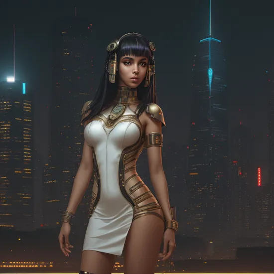 Highest Quality, photo of (Cyberpunk Cleopatra:1.1), perfect face, confident expression, (cyber wear), (wearing elegant white sheath short dress), athletic body, small breasts, (highly detailed skin), olive skin tone, supple skin pores, fine details, Cyberpunk city of city of Alexandria in background, at night, futuristic Pyramid in background, reflections, ambient light, (lens flare:0.6), (bloom:0.5), (cinematic lighting:1.1),
Photographed on a Hasselblad 500 CM, 80mm f/2.8 lens, with (Cinestill 800T color negative 35mm film:1.2), film-like, (film grain:1.1), 8k, HDR, shallow depth of field, sharp focus, medium format, front view, (full body:0.9)