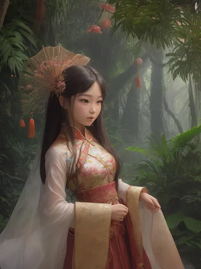 ((1girl,Chinese, with her flowing hair adorned with beautiful hair ornaments, standing among the flying petals)),((best quality)),((Representative)),(Realistic),The shooting angle is a bird's-eye view.,
An 18-year-old girl in an elegant Chinese costume,Her flowing hair is elegantly embellished with glamorous hair accessories,be captivated by this charming sight,As the petals swing around her in the wind,Created a fabulous seduction scene,Immerse yourself in the deepest jungle river in a rainforest village,Lush greenery and vibrant plants surround them,Full of ancient mysticism,Snow peaks plunge into the sky,The soft light illuminates the girl's face,Cast gentle shadows,Capture the beauty of her empty spirit,Scenery and distant neon lights add a touch of magic from afar,Create a fantastic atmosphere,The blurred background further enhances the quality of the film,Attracted attention to ornate and ultra-detailed composition,Prepare to be captivated by the seamless fusion of natural elements and fantasy in this masterpiece of art,
,
,smokeanywhere,colorful smoke,
,dunhuang_cloths,Chinese buliding,
colorful world,
.Chinese Architectural,