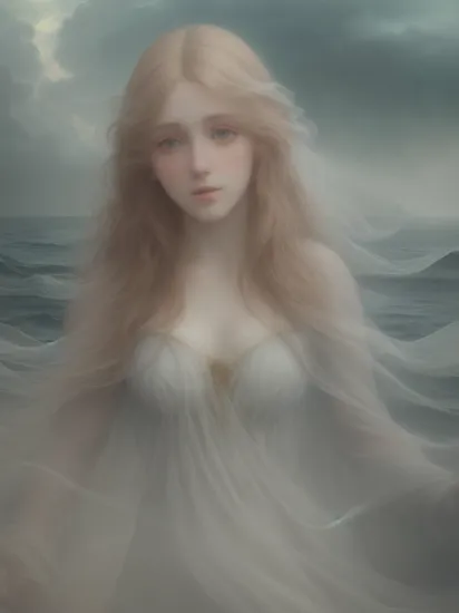 19th-century Pre-Raphaelite, cinematic film still (Ethereal Wonderland:1.4), submerging in the sea, (Mystical Atmosphere:1.3), (Fantasy Realism:1.2), (space_style:0.6), cosmic outer space, astrophotography, daylight,  , (natural skin texture, hyperrealism, soft light, sharp), artstation, sketch, (blurry:1.2), (muted colors:1.2)