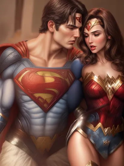 (Wonder woman), ((Superman)), kissing passionately, digital art, high quality, high resolution, beautiful, masterpiece, 8k, ultra detailed, perfect anatomy, perfect proportions