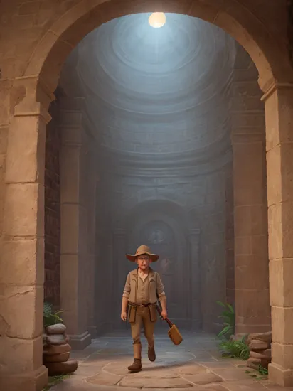 Indiana Jones exploring an infinite ancient library hallway with bookshelves along the walls and a stone floor, shadows, dark, torchlight, spooky, eerie, magical, fantasy, vanishing point, enchanted, beige mist, dust, hyper realistic, sunset, octane render, trending on artstation, artstationHD, artstationHQ, unreal engine, 4k, 8k