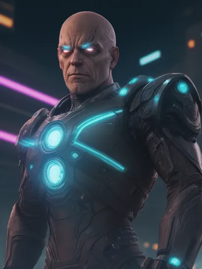 cybernetic eye, terminator, cyberpunk version, tron legacy, glowing Thanos armor, full figure portrait of bald Thanos in purple skin in action pose, utility belt, cyborg, robotic arms, armored, thanos armour, blade runner, action pose, wearing infinity gauntlet, cyberpunk city, dramatic lighting, masterpiece, mechanical parts, cybernetic eye, ultra detailed, depth of field, neon lights, intricate, detailed skin, chrome, johnny silverhand arms, magic, powers, hero pose, realistic, 8k, uhd, best quality, mechanical parts, 5 fingers, vibrant colors, lex luthor neon green armour, cyberpunk universe on saturn moon