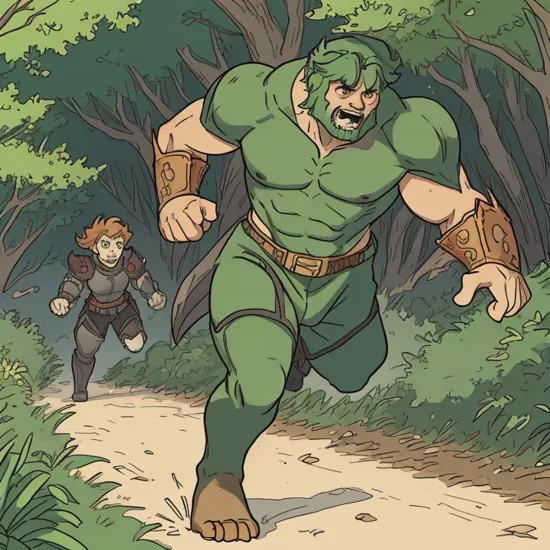 a hulking beast with plate armor and running through a forest,art by asmaria,   