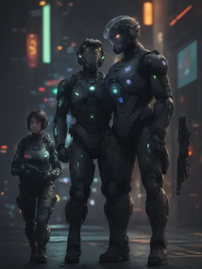 (Two people), (glowing tattoos hologram Cortana) and (military camouflage colored cyborg Master Chief), reimagined in a cyberpunk universe, Master Chief wearing a black cyberpunk jacket, cyberpunk, cyberpunk art style, cyberpunk surroundings, glowing multicolored neon lights, raining, lightning, cinematic scene, detailed background, masterpiece, best quality, high quality, highres, absurdres, 16k resolution   