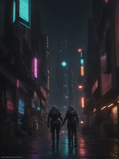 Two people, Cortana and Master Chief romantically engaging each other, 
cyberpunk cityscape in the background, cyberpunk surroundings, futuristic cyberpunk art style, multicolor neon lights, night time, water reflections, dark atmosphere,
cinematic action shot, raw photo, HDR colors,
masterpiece, best quality, high quality, intricate, ultra detailed, 16k, highres, absurdres   , (Extremely Detailed Oil Painting:1.2), glow effects, godrays, Hand drawn, render, 8k, octane render, cinema 4d, blender, dark, atmospheric 4k ultra detailed, cinematic sensual, Sharp focus, humorous illustration, big depth of field, Masterpiece, colors, 3d octane render, 4k, concept art, trending on artstation, hyperrealistic, Vivid colors, extremely detailed CG unity 8k wallpaper, trending on ArtStation, trending on CGSociety, Intricate, High Detail, dramatic, absurdes