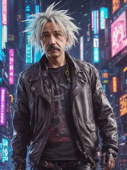 anime artwork Albert Einstein, (reimagined in a cyberpunk universe), (cyberpunk style), (cyberpunk), (cyberpunk outfit), (punk hair), (augmentation), cybernetics, glowing neon lights, cinematic scene, hero view, action pose, beautiful 8k, detailed background, masterpiece, best quality, high quality, absurdres, vivid.. anime style, key visual, vibrant, studio anime, highly detailed