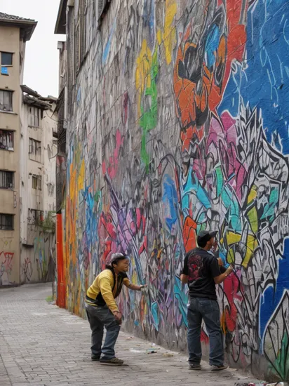 a photo of an guy making graffiti on the wall, street photography, graffiti on the wall, vibrant, High dynamic range, vivid colors, (ShinBijutsukai:1.1)