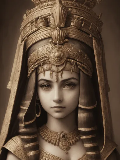 1girl, young, ktrna as Queen Cleopatra, medium long  portrait, wearing crown, egyptian crown, style of Laurie Lipton, Style-Hamunaptra, movie poster   