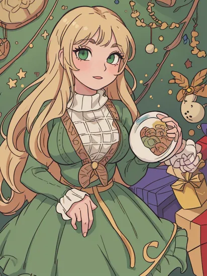 1girl, solo,  rapunzel, green eyes, looking at viewer:1.3, detailed eyes:1.3, best quality, extremely detailed, masterpiece, 32k, RAW, extremely detailed face:1.3,   (wearing holiday outfit, turtleneck, knitted clothes),18yo, (huge breasts) christmas, cristmaas tree, gifts, good vibe, lovely,