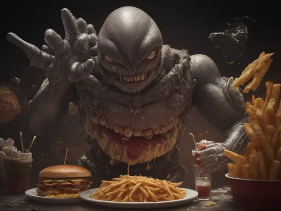 Food photography style Alien-themed (dark shot:1.1), a perfect photorealistic of an crazy anthropomorphic aggressive hamburger with (two bloodshot eyes), (spitting mayonnaise and ketchup), smeared cheese causing chaos on the table, scattered french fries, spilled glass of cola, scraps of paper, food waste, scandal, dramatic light, fantastical contraptions, bulbous, cartoonish chaos, emphasizes emotion over realism, digital art in the jaw dropping of (3D BEEPLE STYLE) by (ALEX GREY), 8 k, 32 k, HDR, conceptual art . Extraterrestrial, cosmic, otherworldly, mysterious, sci-fi, highly detailed . Appetizing, professional, culinary, high-resolution, commercial, highly detailed
