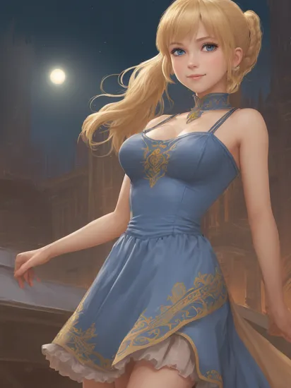 1girl, solo, samus aran, (highly detailed eyes), detailed face, ((round pupils)), intricate details, (blue eyes), (blonde hair), ponytail, (((realistic))), looking at viewer, smile, happy, ((portrait)), small breasts, (((upper body))), (((princess))),  (royal dress), medieval, long dress, ((cartoon)), ((sketch)), soft lighting, cityscape, night, arms behind back, wassnonam-12800