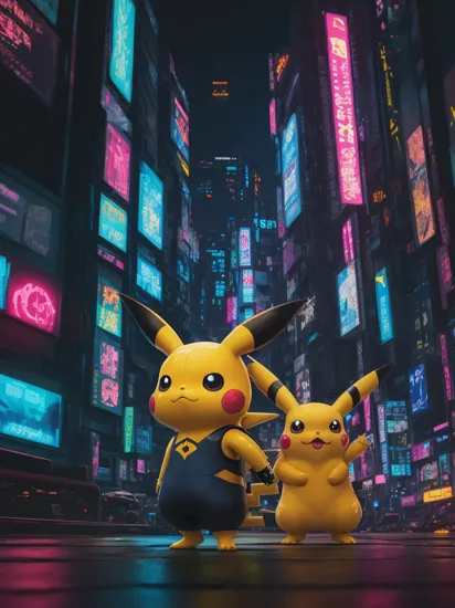 breathtaking Pikachu, Pokemon, (reimagined in a cyberpunk universe), (cyberpunk style), (cyberpunk), (augmentation), cybernetics, glowing neon lights, cinematic scene, hero view, action pose, beautiful 8k, detailed background, masterpiece, best quality, high quality, absurdres, vivid.. award-winning, professional, highly detailed