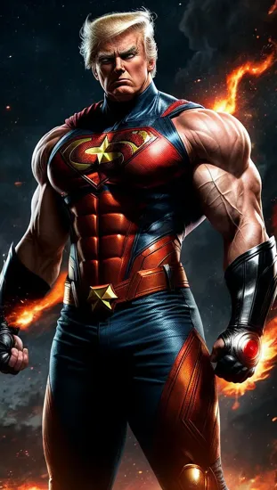 Intense superhero Donald Trump, bald and determined, fiery and cosmic backdrop, displaying immense power, muscles tense, battle-ready stance, a superhero with unparalleled strength, anime style with dynamic and explosive energy, a scene charged with action and intensity.