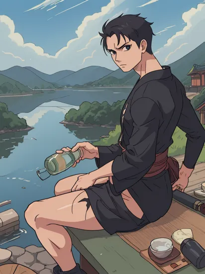 masterpiece, best quality, 8k, hdr, roronoa zoro, muscular male, scar, scar across eye, japanese clothes, black kimono, sitting, from side, drinking sake from a bottle, lake, sky, clouds  ,   