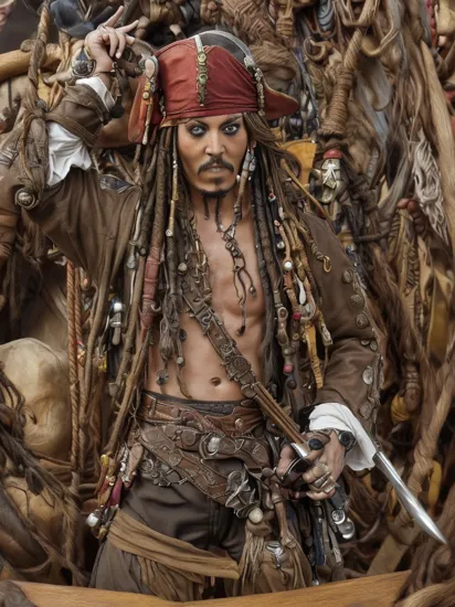 (premium playset toy box), (Intricate), (masterpiece, best quality, ultra detailed, absurdres), (action figure box), (inboxDollPlaySetQuiron style), the (Captain Jack Sparrow (Pirates of the Caribbean): Jack Sparrow's dreadlocked hair, tattered pirate attire, and charismatic swagger make him a fun and recognizable cosplay choice.:1.2), (toy playset pack),<lyco:sdxl1_quiron_inboxDollPlaySet_v3_lycoris:0.97>