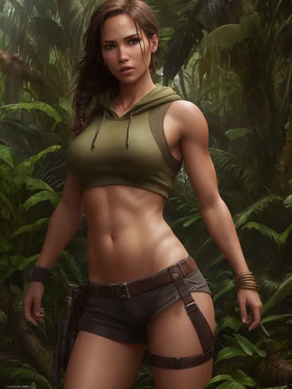 , lara croft wearing cropped hoodie, standing in jungle ruins, exposed stomach, underboob, masterpiece, 8k, high resolution, shallow depth of field, sharp focus