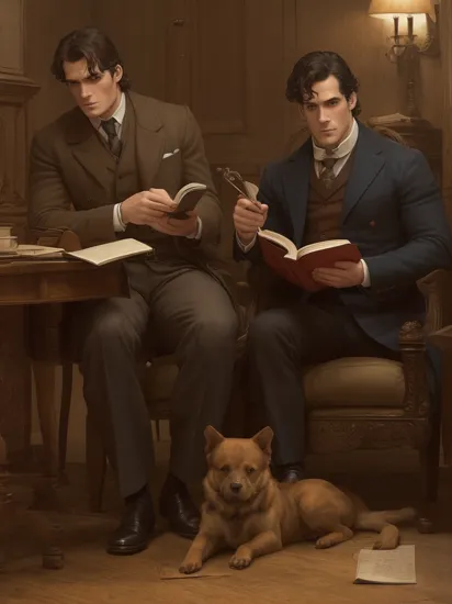 A dog and Sherlock Holmes (Henry Cavill:1.1) reading a book in an old house.