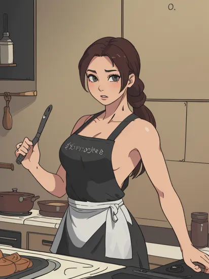 a photo of a beautiful S060_Octokuro, as (Lara Croft), in a kitchen, wearing a (apron), (8k, RAW photo, best quality, ultra high res, depth of field:1.1), (absurdres, intricate, photorealistic, masterpiece, ultra-detailed, Unreal Engine:1.3)