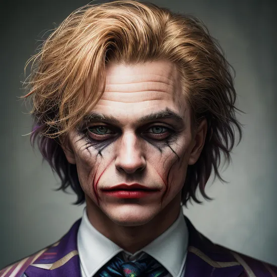 sks man,  dressed like (The Joker:1) with (serious look:1.5) with multicolor hair looking to the camera, 