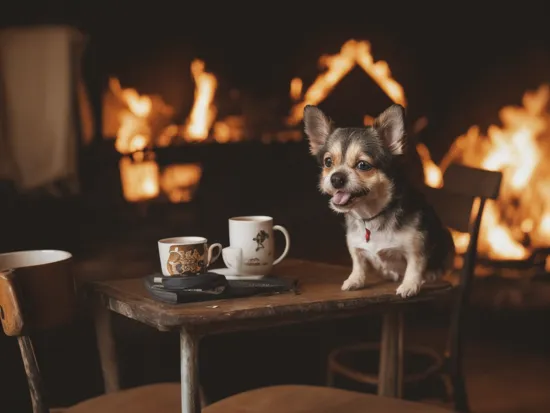Candid Portrait Photography A photo of a small (smiling dog) sitting on a chair in a burning room, a burning table and a coffee mug, Text logo "THis is fine" on a card board, (background is darkness:1.3), Candid Portrait Photography, often for natural expressions, unposed moments, or spontaneous captures.