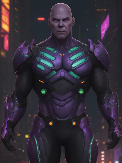 , bald josh brolin as male thanos marvel character (having purple skin:1.1) wearing transformers style thanos golden armour, (reimagined in a cyberpunk universe), (cyberpunk style), (cyberpunk), (cyberpunk style thanos armour), bald, (augmentation), (cybernetics), glowing neon lights, cinematic scene, hero view, action pose, beautiful 8k, detailed background, masterpiece, best quality, high quality, absurdres, vivid, detailed skin texture, (neon glow tubes running through the outfit:1.1), (brooding:0.5), (goosebumps:0.5), subsurface scattering,    