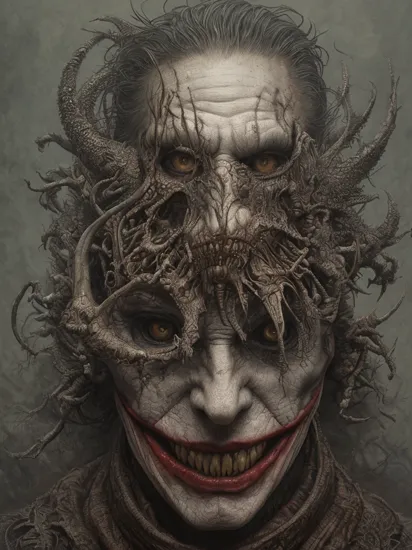 the joker, horror art by beksinski and szukalski and giger and and pyromallis and dzo and iris compiet and seb mckinnon, digital art, highly detailed, intricate, sharp focus, trending on artstation hq, deviantart, pinterest, unreal engine 5, 4k uhd image