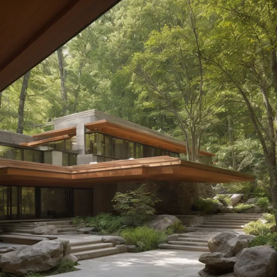 A photography showcase of Fallingwater, the iconic architecture by Frank Lloyd Wright located in Mill Run, Pennsylvania. Through the lens of Ansel Adams, using a 35mm lens, the scene captures the houseâs unique cantilevered terraces amidst the verdant forest. The color temperature exudes a cool blueish tint. No facial expressions as the primary focus is on the structure. Ambient light from the sun provides a gentle glow to the scene, casting soft shadows. The atmosphere is serene and timeless
Dive into the world of Photography that captures the essence of Frank Lloyd Wright's modern "Frank Lloyd Wright's modern style villa" with a focus on the architectural marvel of Fallingwater. Through a 35mm lens, witness the structure in intense clarity and sharpness. The image has a warm color temperature that highlights the building's iconic cascading forms. No facial expressions are present as the image focuses solely on architecture. The lighting is natural, with the sun casting soft shadows on the structure, giving depth and texture. The atmosphere feels serene and untouched by time
A modern  house seamlessly integrates natural elements into its design. The architecture embodies an urban oasis concept, featuring a balcony adorned with lush greenery and a front yard that blends nature with the environment. Soft ambient lighting casts a warm and welcoming glow. Channeling the spirit of renowned architect Frank Lloyd Wright, this design showcases his signature organic architecture style. The medium for this artwork is an architectural blueprint rendered in high-definition 3D graphics, emphasizing every detail of the design. The color scheme primarily consists of earthy tones and various shades of green, enhancing the connection to nature