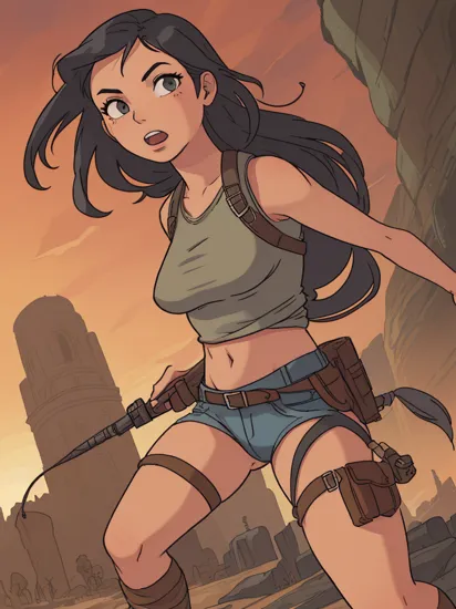 1woman, lara croft, explorer, cartoon aesthetic, action pose, shot from below, epic landscape, high resolution, highly detailed