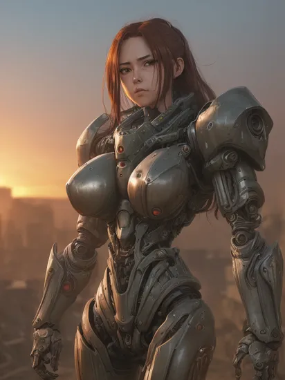 realistic photo of ((anime woman in a hulking hydraulic biomechanical exoskeleton armored robot)), (detailed face), sunset, sweaty, grime, post-apocalyptic, long hair, cyberpunk, (modelshoot style), nsfw