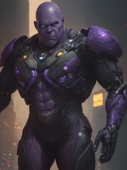 (((bald)) Josh Brolin:1.1) as male (Thanos:1.1) marvel character (((having purple skin))) (wearing Thanos cybernetic edgerunner armor wearing one eye visor:1.5), (masculine male heavyweight figure:1.5), (reimagined in a cyberpunk universe), (cyberpunk style), (cyberpunk), (cyberpunk style thanos armour), bald, ((mechanical augmentation)), ((cybernetics)), glowing neon lights, cinematic scene, hero view, action pose, beautiful 8k, detailed background, masterpiece, best quality, high quality, absurdres, vivid, detailed skin texture, on a cyberpunk planet, (brooding:0.5), (goosebumps:0.5), subsurface scattering,   realistic eyes, golden ration, face and body in proportion,   