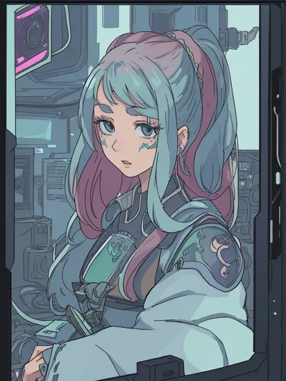 Portrait photo of a young beautiful fantasy Cinderella girl, cyberpunk outfit with tattoos, perfect face, a complex high-tech datacenter, large computer display showing battles, long hair, slim body, 8k uhd, high quality, film grain