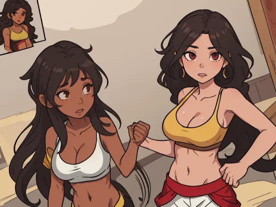 , character concept art of a woman, jasmine, multiple expressions, 1girl, ((brown skin, black hair, long hair, curly hair:1)), red eyes, a woman wearing sports_bra, wearing OCLS outfit, navel, cleavage, big breasts, eyes open, (masterpiece:1.4),(best quality:1.4),(shiny skin),  ,  detailed eyes, detailed face, brown skin,