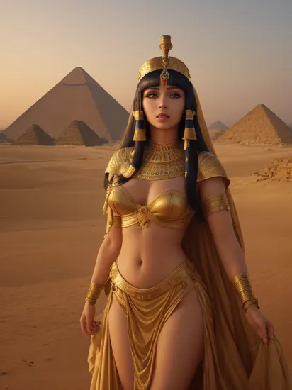 perfect cinematic shoot of cleopatra queen against the backdrop of the Egyptian pyramids