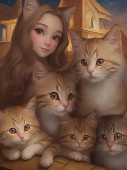 CARTOON, DISNEY STYLE, OIL painted, intricate, TWO ADULT CATS, THREE KITTENS, ON A ROOF TOP, characteristic portrait of a lovely woman, kindness, beauty, softness, big beautiful eyes, volumetric lighting, beautiful, rich deep colors, masterpiece, sharp focus, ultra detailed, astrophotography
