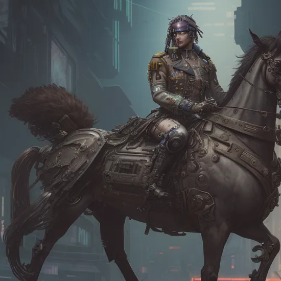 cyberpunk Napoleon Bonaparte in (cyberpunk style:1.6) sitting on a rearing biomechanical horse,mysterious ground fog,biolumiscent tattoos,bionic cyborg features,luxorious robotic parts,soft neon light,historical,vivid details,toxic dust,hyperrealistic masterwork by head of prompt engineering,,,
