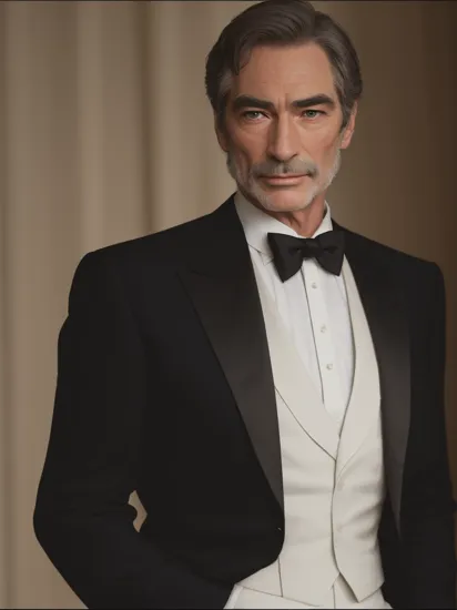 Photo of Timothy Dalton as James Bond wearing a black tuxedo and a white shirt and a black bow tie, low light, dark room  