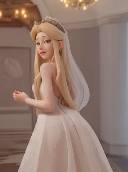 woman , rapunzel, (long hair:1.4), (very long hair:1.45), (absurdly long hair:1.5), blonde hair, smile, shy smile, high heels, earring, collar, (white dress:1.5), (wedding crown:1.2), (wedding dress:1.5), (bridal dress:1.2), (flower:1.2), (wedding party:1.2), from behind,, (masterpiece, high quality, best quality:1.3), (photorealism:1.3), (dynamic shadows, dynamic lighting:1.2), (natural skin texture:1.5), (natural lips, detailed lips:1.3), (natural shadows, detailed shadows:1.5), (hyperrealism, soft light, sharp), (hdr, hyperdetailed:1), (intricate details:0.8), detailed eyes, detailed hair, detailed skin, 8k, (cinematic look:1.4), insane details, intricate details, hyperdetailed, low contrast, soft cinematic light, exposure blend, hdr, faded, slate gray atmosphere, (everything Detailed), 