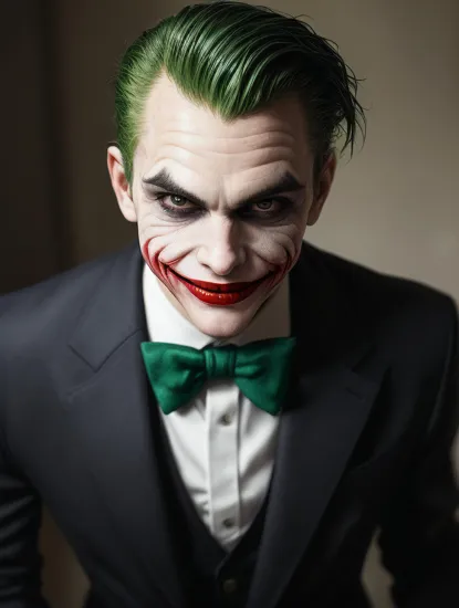
(masterpiece:1.2), absurdres, A photorealtic shot the Joker from DC Comics, an unnaturally wide and maniacal grin, a leering smile, deathly pale white skin, red lipstick, disheveled bright green hair, slicked back hair, his pupils are small and black, irratic eyes, with thick black eyeliner, wearing a purple suit, break, green bow tie, menacing, (highly detailed:1.3)