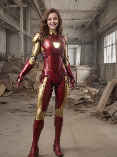 best quality, ultra high res, HDR,8k resolution, trending on cg society, photoshoot, (photorealistic:1.4), 1girl, caucasian, (upper body dressed as iron man), (light brown hair:1), looking at viewer, smiling, cute, full body, (freckles:0.2),(show beautiful  legs and side thigh)