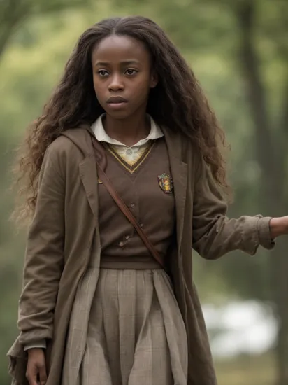 Mayowa Nicholas as (Hermione Granger \(Harry Potter film series\):1.1), masterpiece, best quality, high resolution, 8k, sharp focus, cinematography, cinematic lighting, movie scene, muted colors, professional, depth of field, photorealistic, magnificent, maximum details, (RAW, dslr, hdr, highest quality), smooth, roughness, hyper realistic, film grain, bokeh, epic, dramatic
