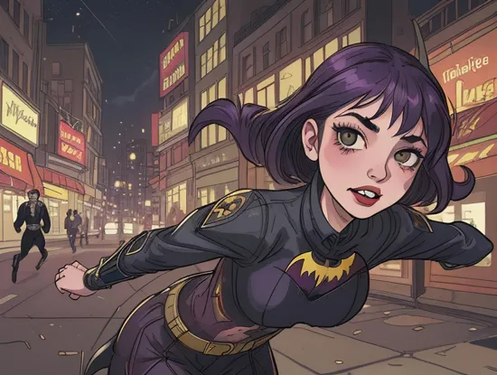 Batgirl Running after The Joker  in the Street of Gotham City at night, by Clyde Caldwell,  By Robert McGinnis, by Brian M. Viveros, (detailed face), by (Carolina Herrera)