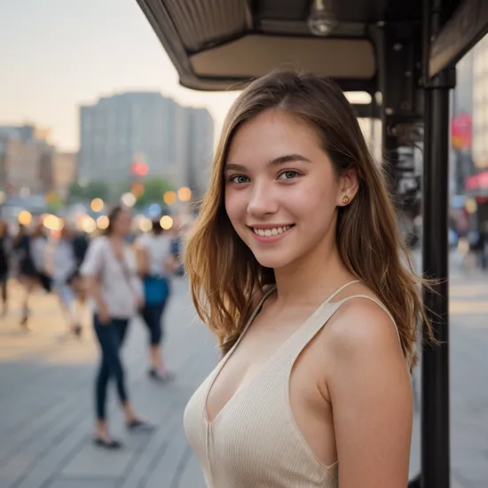 Candid photo of a beautiful j14n16, with captivating eyes, smiling amidst a bustling city, upper body framing, in a street photography setting, golden hour lighting:1.3), shot at eye level, on a Fujifilm X-T4 with a 50mm lens, in the style of Alfred Stieglitz