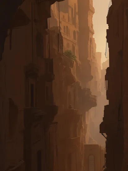 arabic ancient city in canyon, narrow street, unrealistic building, (by Martin Deschambault:1.0), indiana jones setting, beautiful art work, rich cinematic quality, dramatic light, night